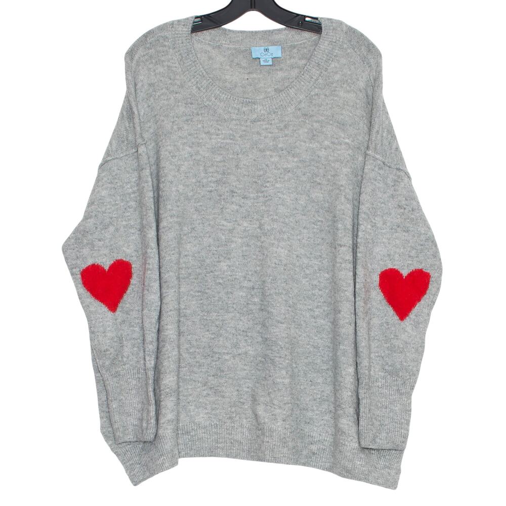 CeCe Sweater Heart Valentines Oversized Romantic Cottage Y2K Elbow Patch Gray 2X